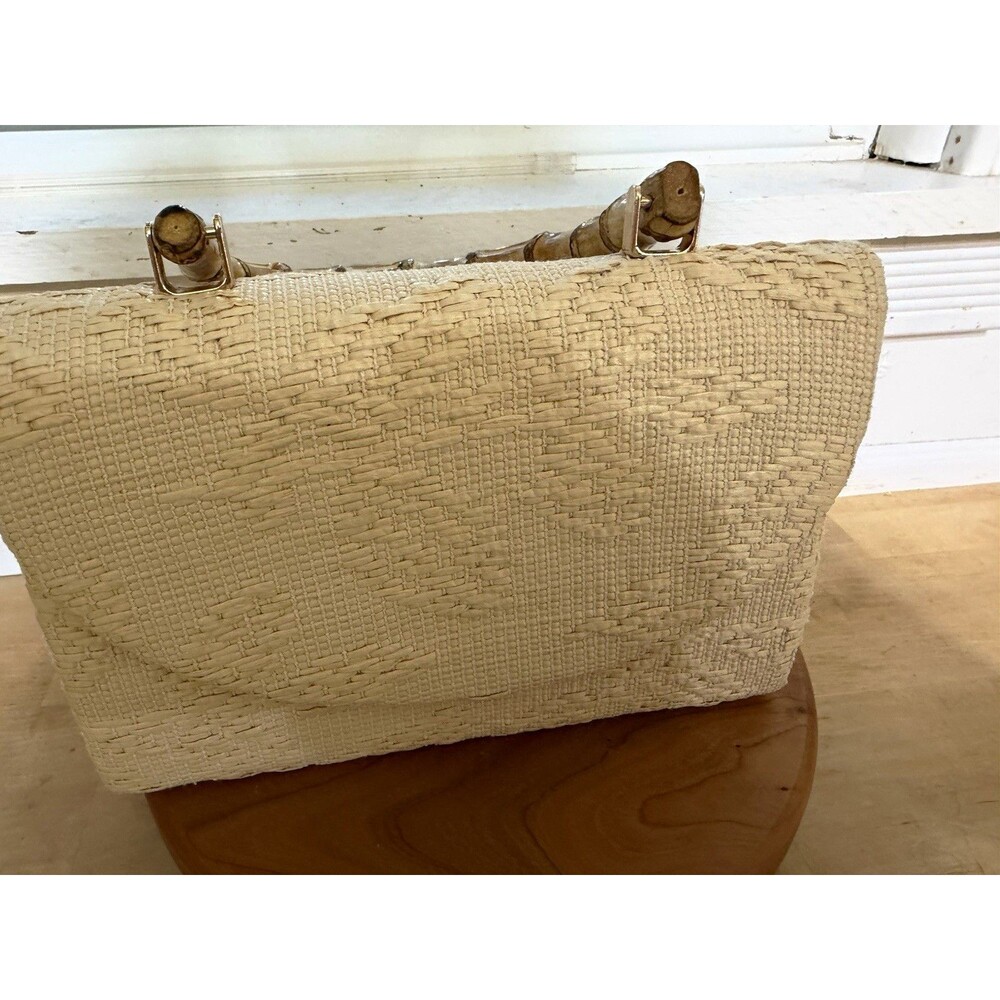 Norris Beige Woven Straw Clutch Top Handle Bamboo Handle Gold Chain NWOT
